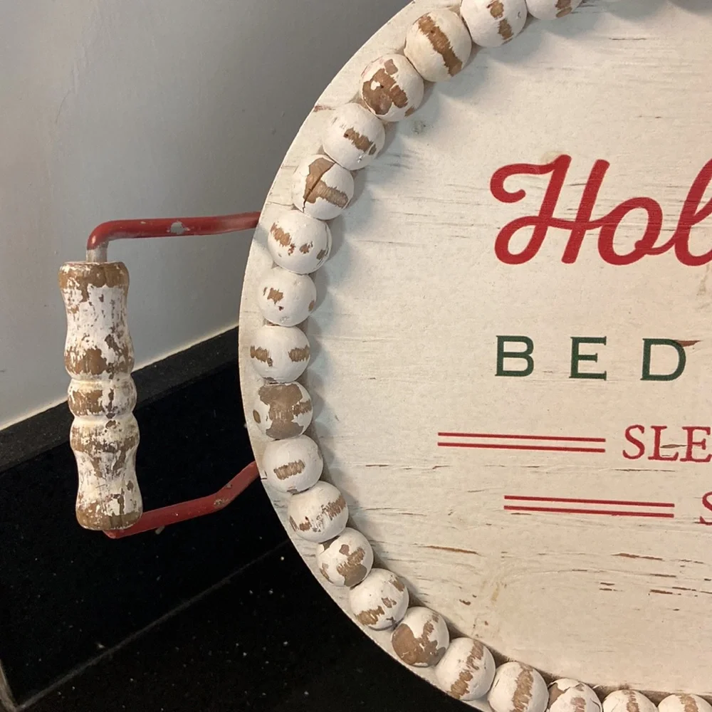 18” Tray HOLLY BERRY Christmas Holiday Wood Shabby Chic Chippy Beaded Farmhouse - Picture 4 of 10